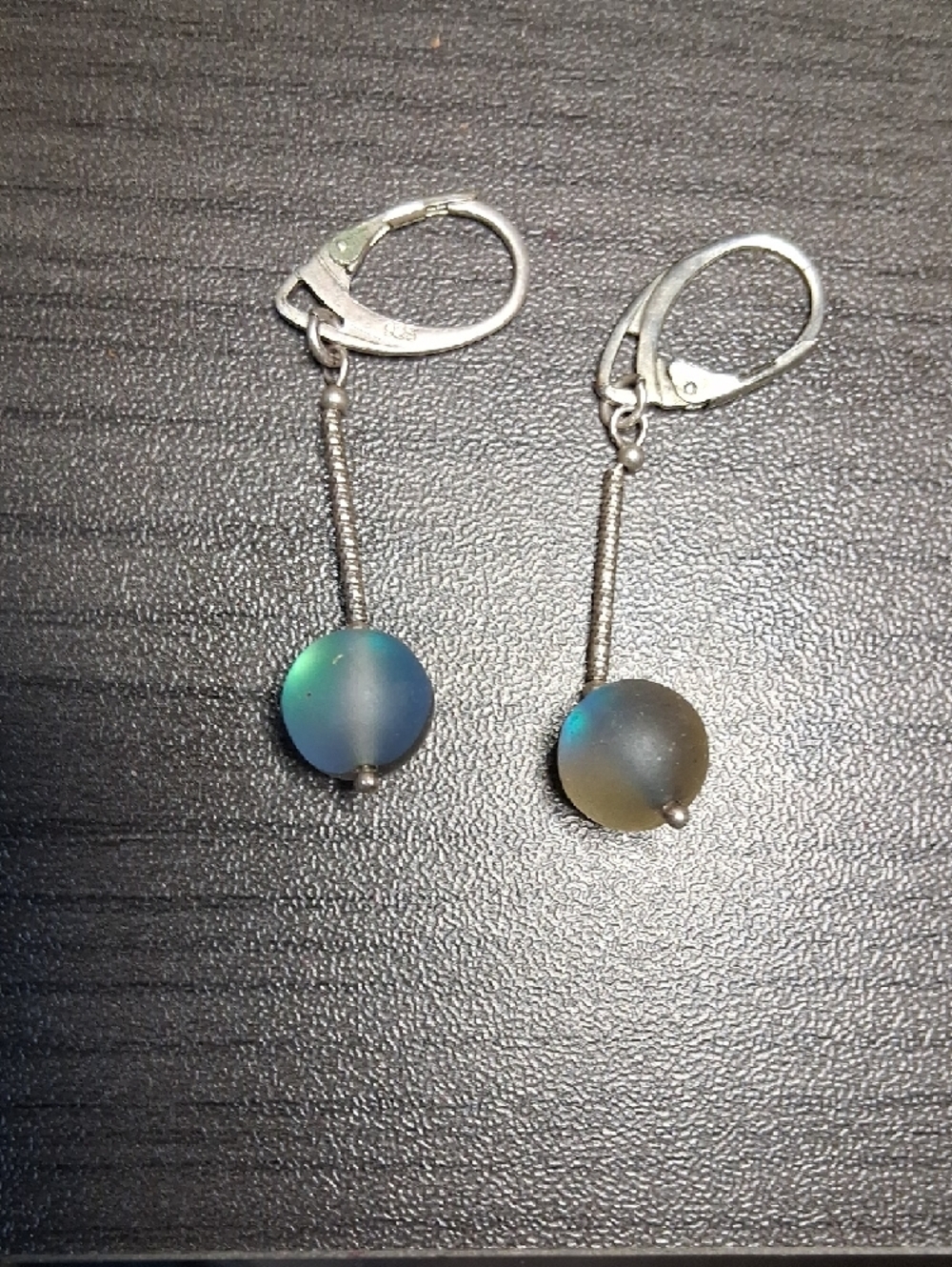 Sterling Silver Leverback Earrings with Aqua-Blue Frosted Beads - Picture 2 of 2